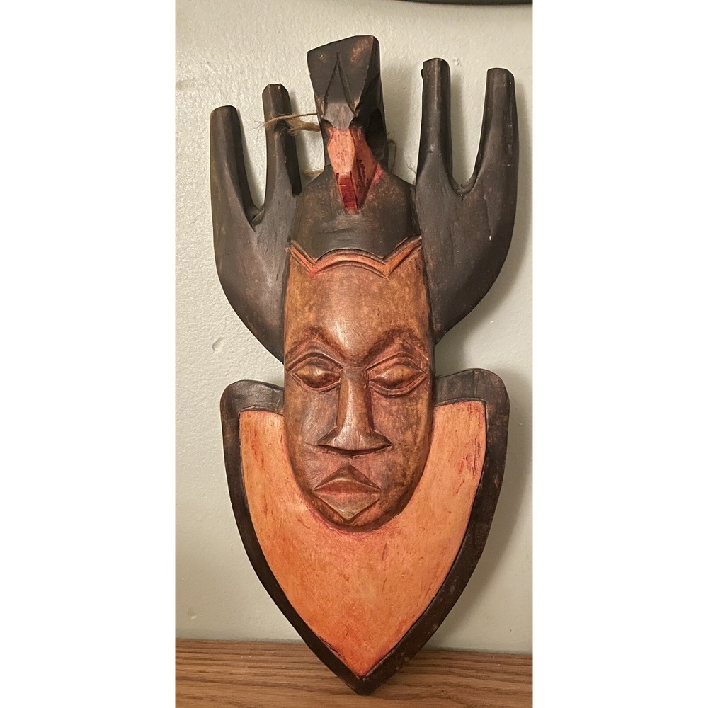 Vintage African Tribal Art Hand Carved Wood Face Mask Wall Decor